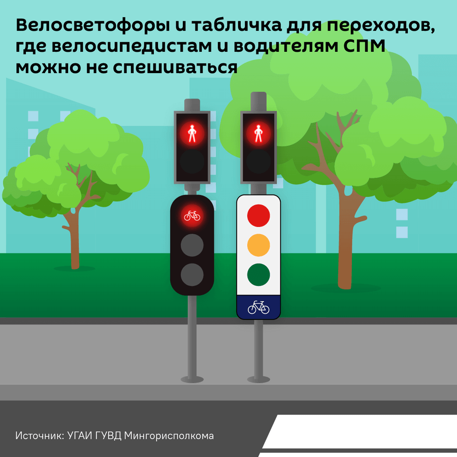 Велосветофоры и табличка для переходов, где можно не спешиваться